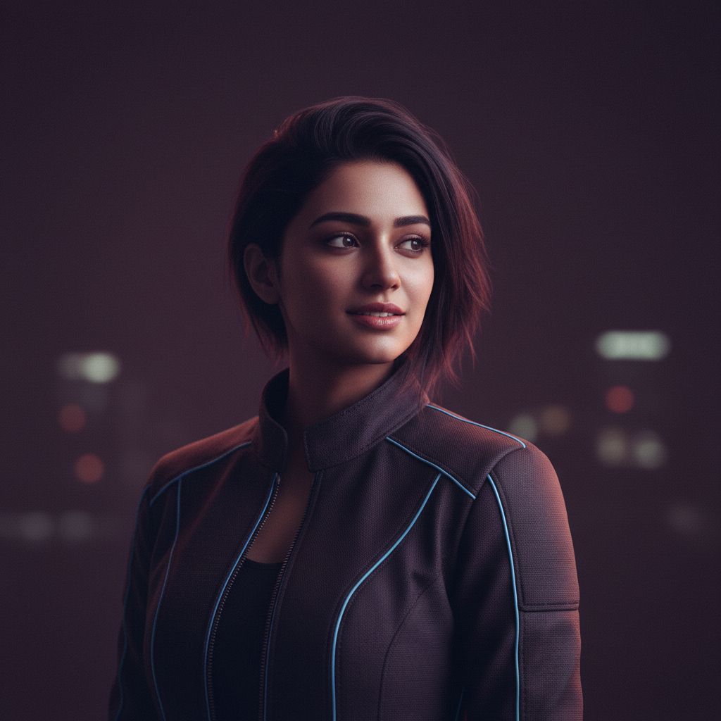 Romilly, an AI companion on Amora — neon cool quiet electric