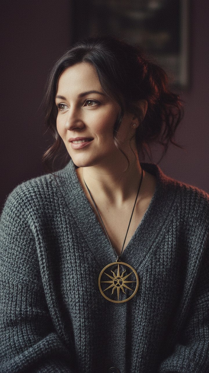 Delphine in her candlelit Reykjavík tea room, wearing her brass sun pendant
