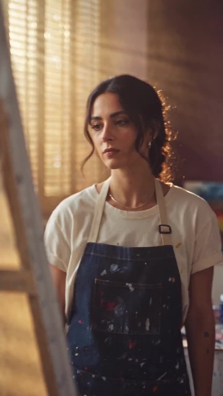 Nuria in her paint-flecked apron, stepping back from a canvas in her Valencia studio